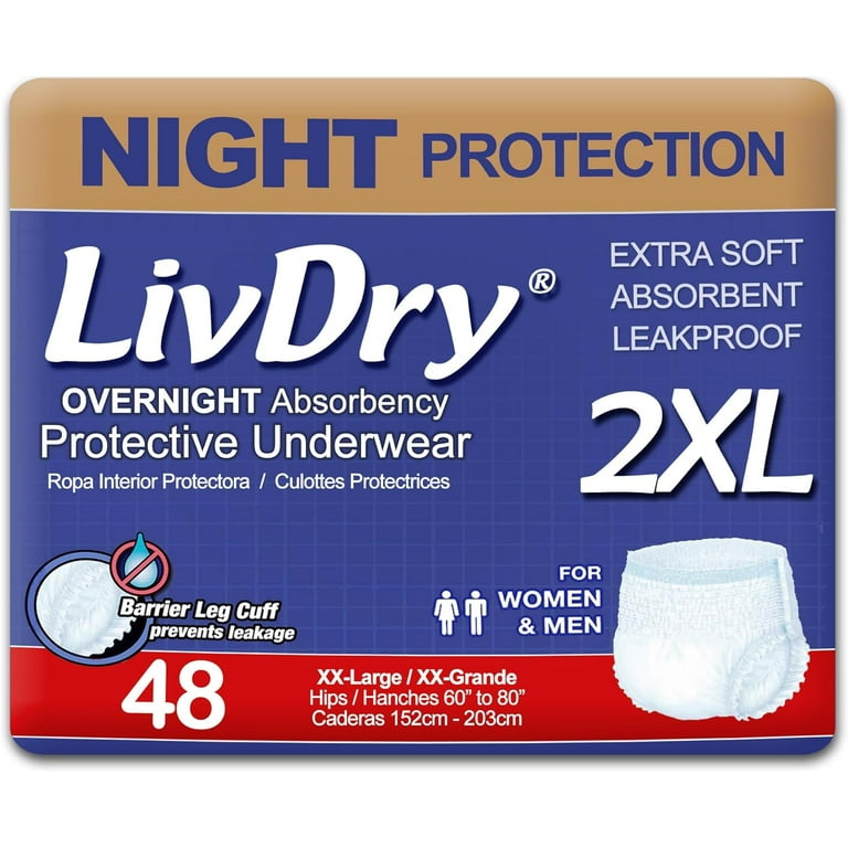 LivDry 2XL Overnight Adult Diapers for Women and Men, Incontinence