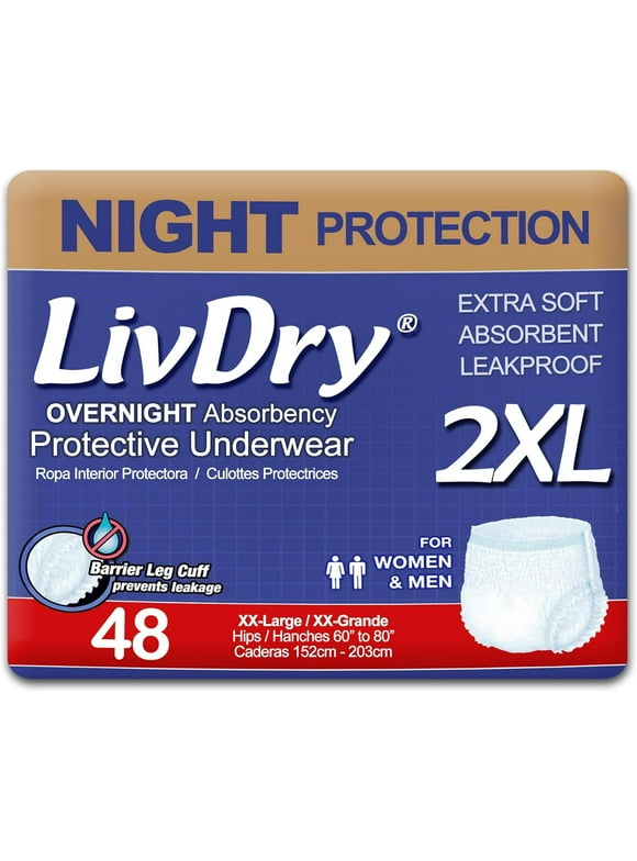 LivDry 2XL Overnight Adult Diapers for Women and Men, Incontinence Underwear (XX-Large, 48-Pack)