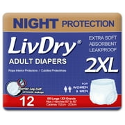 LivDry 2XL Overnight Adult Diapers for Women and Men, Max Protection Incontinence Underwear (XX-Large, 12-Pack)