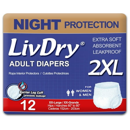 LivDry 2XL Overnight Adult Diapers for Women and Men, Max Protection Incontinence Underwear (XX-Large, 12-Pack)