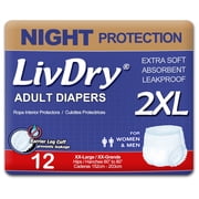 LivDry 2XL Overnight Adult Diapers for Women and Men, Max Protection Incontinence Underwear XX-Large, 12-Pack