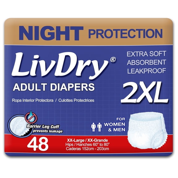LivDry 2XL Overnight Adult Diapers for Women and Men, Max Protection Incontinence Underwear (XX-Large, 48-Pack)