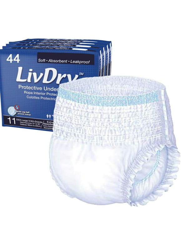 LivDry 3XL Adult Diapers for Women and Men, Extra Comfort Incontinence Underwear, High Absorbing (XXX-Large, 44-Pack)