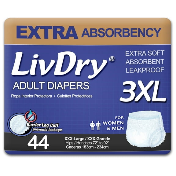 LivDry 3XL Adult Diapers for Women and Men, Leak Guard Incontinence Underwear, Extra Absorbing (XXX-Large, 44-Pack)