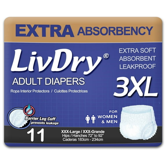 LivDry 3XL Adult Diapers for Women and Men, Leak Guard Incontinence Underwear, Extra Absorbing (XXX-Large, 11-Pack)