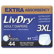 LivDry 3XL Adult Diapers for Women and Men, Leak Guard Incontinence Underwear, Extra Absorbing (XXX-Large, 44-Pack)