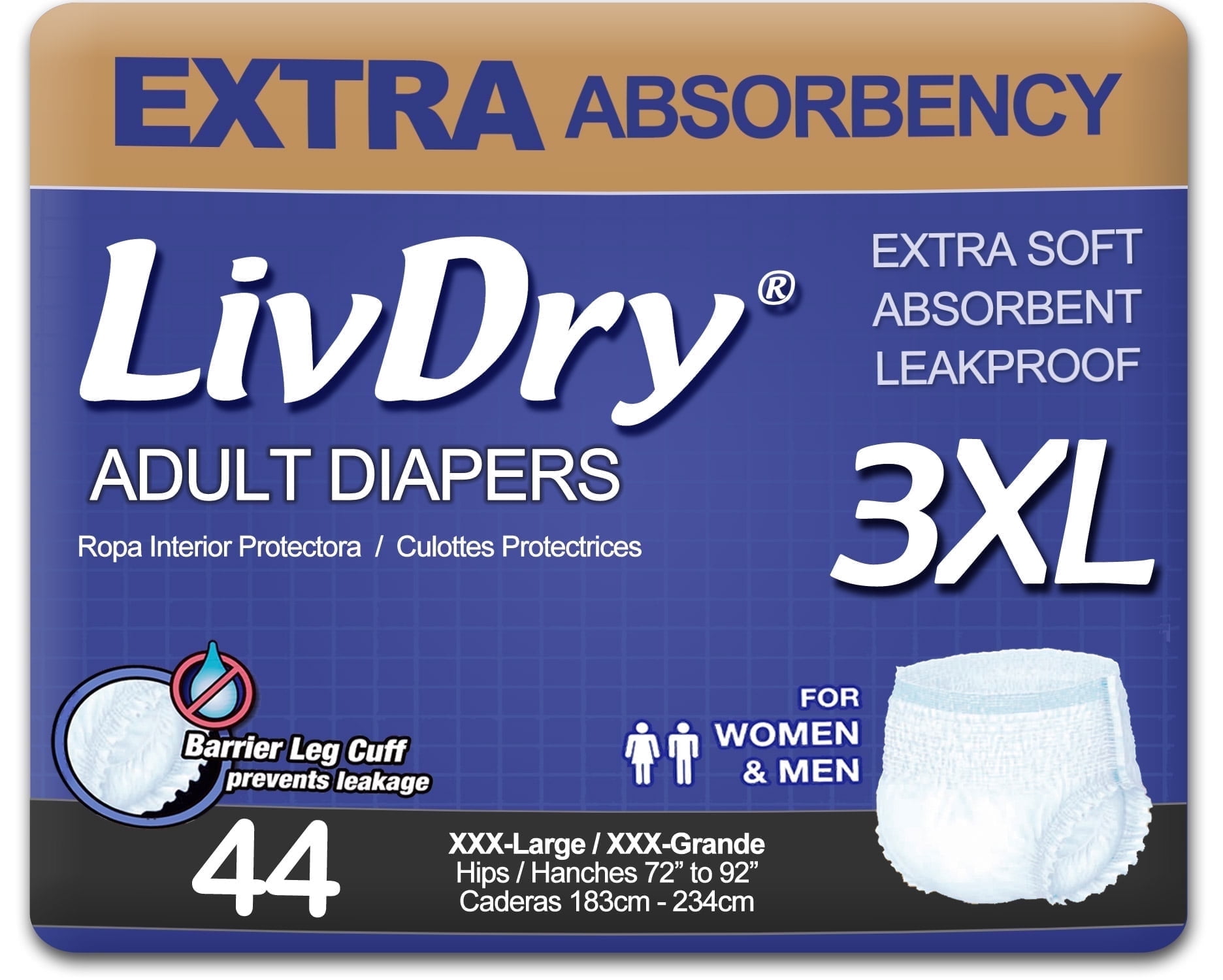 LivDry 3XL Adult Diapers for Women and Men, Leak Guard Incontinence Underwear, Extra Absorbing (XXX-Large, 44-Pack)