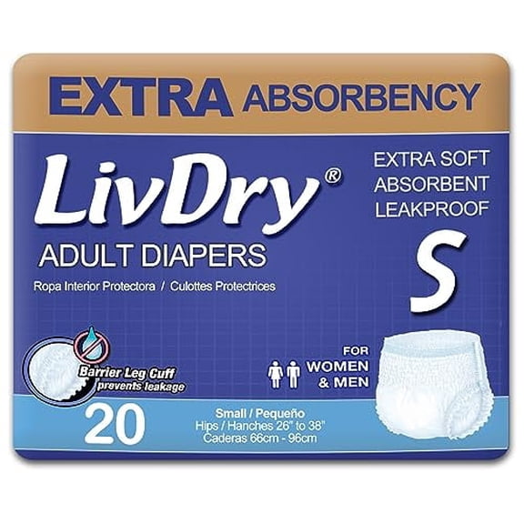 LivDry Adult Incontinence Underwear, Extra Absorbency Adult Diapers, Leak Protection, Small, 20-Pack