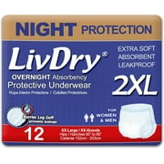 LivDry Adult XXL Incontinence Underwear, Overnight Comfort Absorbency, Leak Protection, XX-Large, 12-Pack