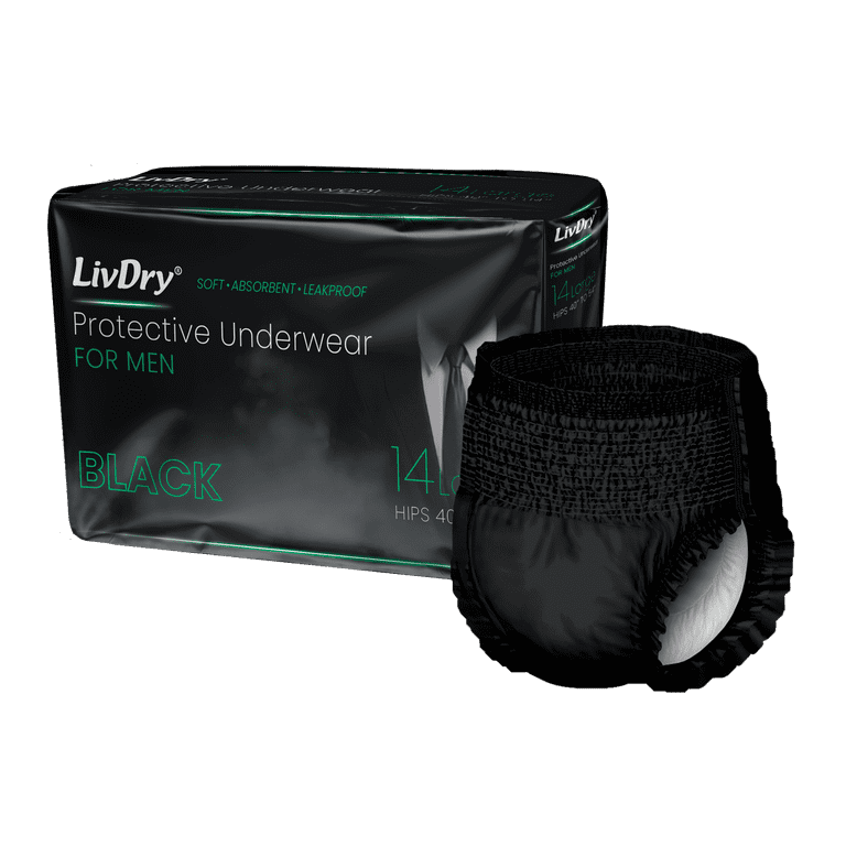 LivDry BLACK Mens Adult Incontinence Underwear, Supreme Comfort Absorbency  (Large, 14-Pack) 
