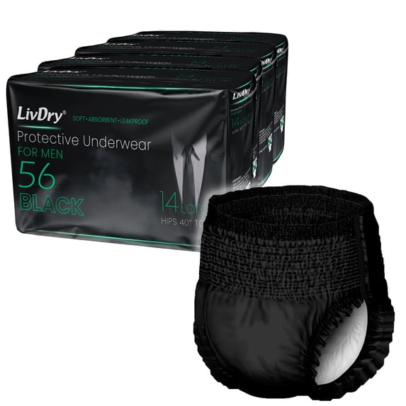 LivDry BLACK Mens Adult Incontinence Underwear, Supreme Comfort Absorbency (Large, 56-Pack)