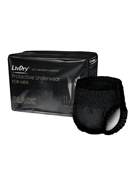 LivDry BLACK Mens Adult Incontinence Underwear, Supreme Comfort Absorbency (X-Large, 11-Pack)