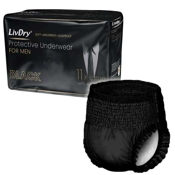 LivDry BLACK Mens Adult Incontinence Underwear, Supreme Comfort Absorbency (X-Large, 11-Pack)