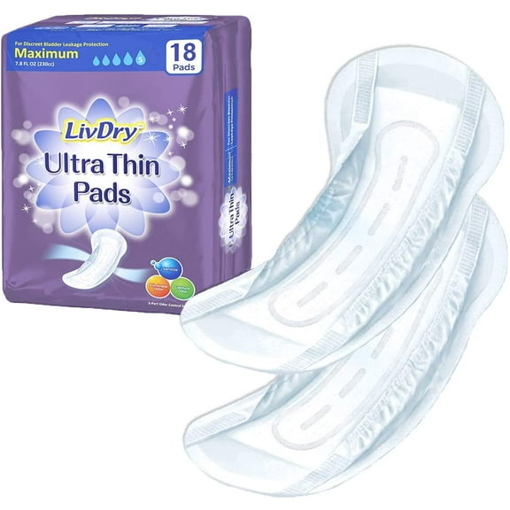 LivDry Female Incontinence Ultra Thin Pads | Leak Protection + Odor Control (Maximum, 18-Pack)