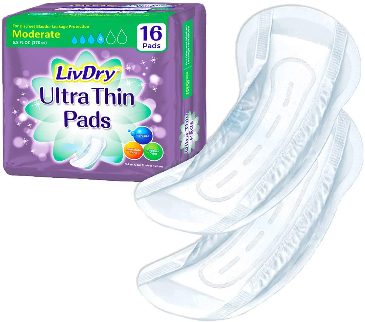 LivDry Female Incontinence Ultra Thin Pads | Leak Protection + Odor Control (Moderate, 16-Pack)