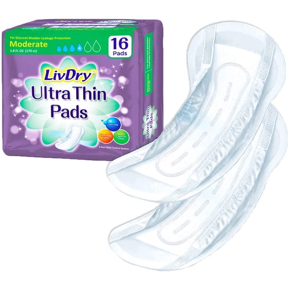 LivDry Female Incontinence Ultra Thin Pads | Leak Protection + Odor Control (Moderate, 16-Pack)