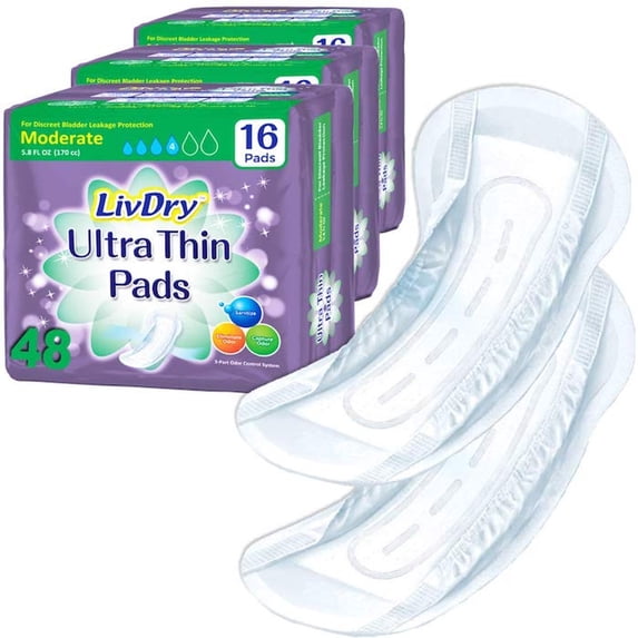 LivDry Female Incontinence Ultra Thin Pads | Leak Protection + Odor Control (Moderate, 48-Pack)