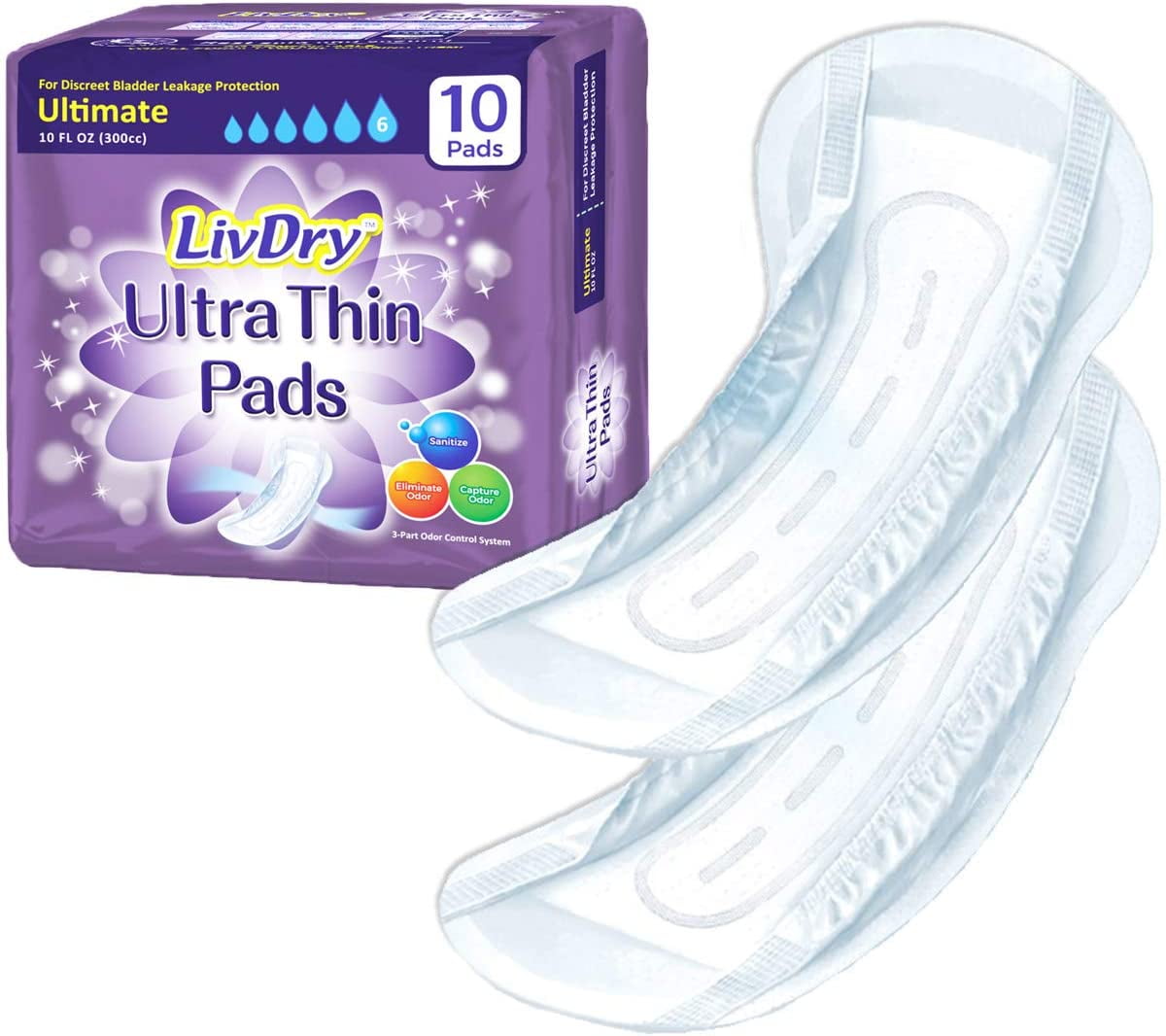 LivDry Female Incontinence Ultra Thin Pads | Leak Protection + Odor Control (Ultimate, 10-Pack)