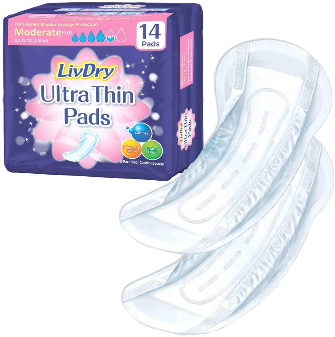 LivDry Female Incontinence Ultra Thin Pads | Leak Protection and Odor Control (Moderate Plus, 14-Pack)