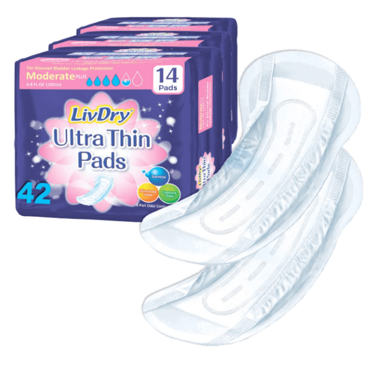 LivDry Female Incontinence Ultra Thin Pads | Leak Protection and Odor Control (Moderate Plus, 42-Pack)