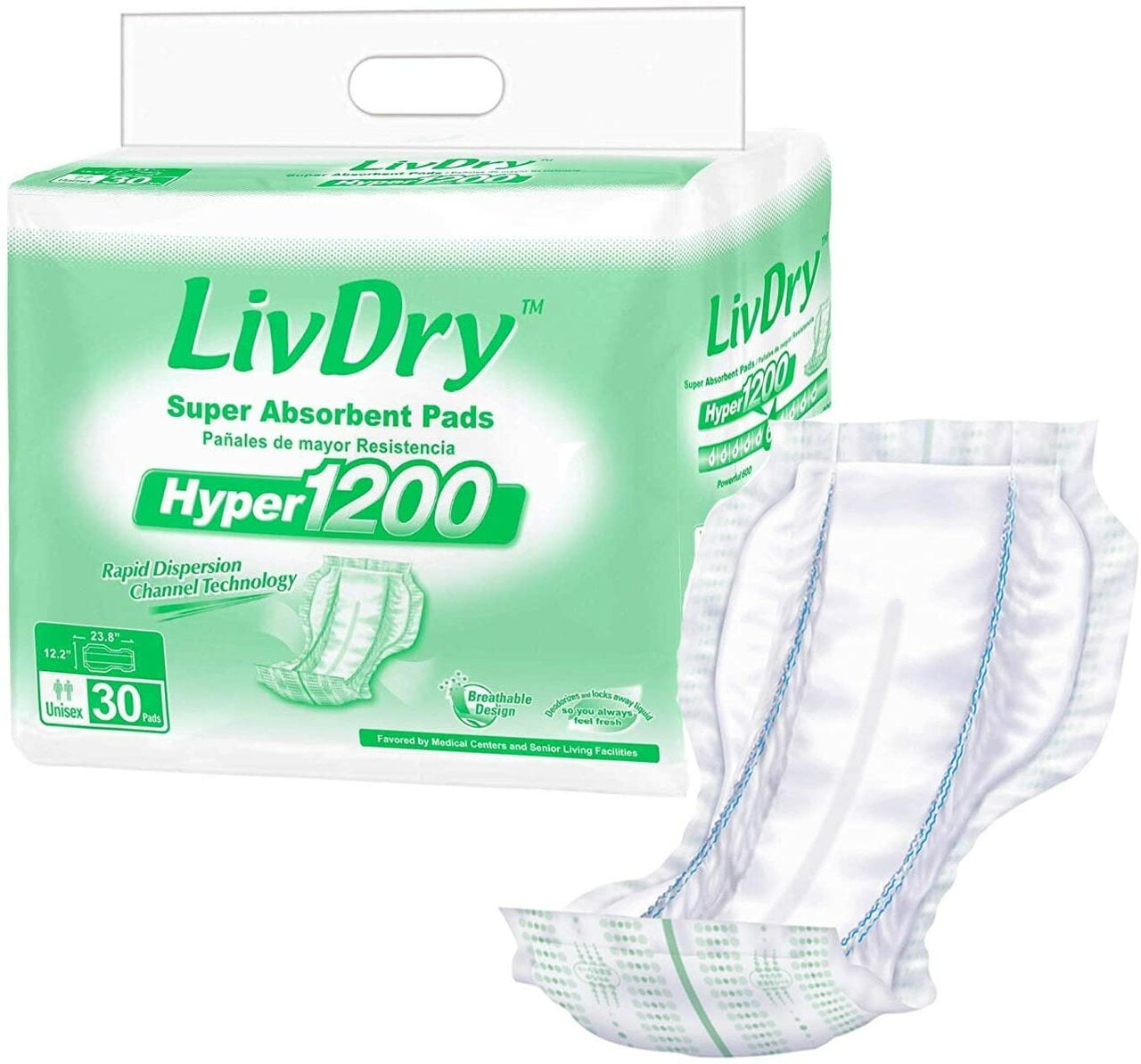 LivDry High Absorbency Pad Insert for Incontinence Briefs and Adult Diapers, Women and Men (Hyper 1200, 30-Pack)