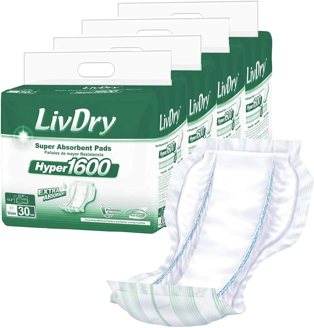 LivDry High Absorbency Pad Insert for Incontinence Briefs and Adult Diapers, Women and Men (Hyper 1600, 120-Pack)