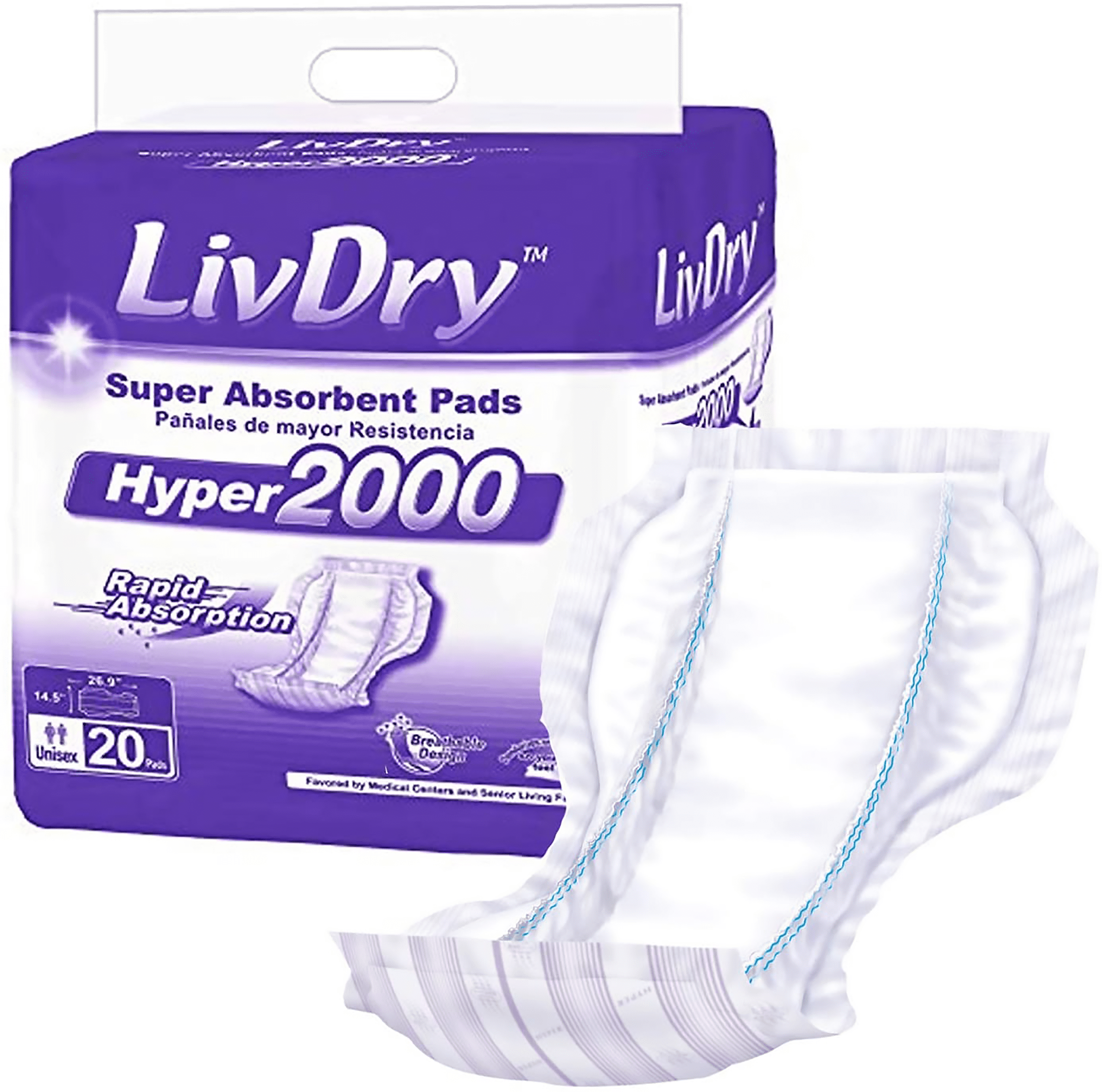 LivDry High Absorbency Pad Insert for Incontinence Briefs and Adult Diapers, Women and Men (Hyper 2000, 20-Pack)