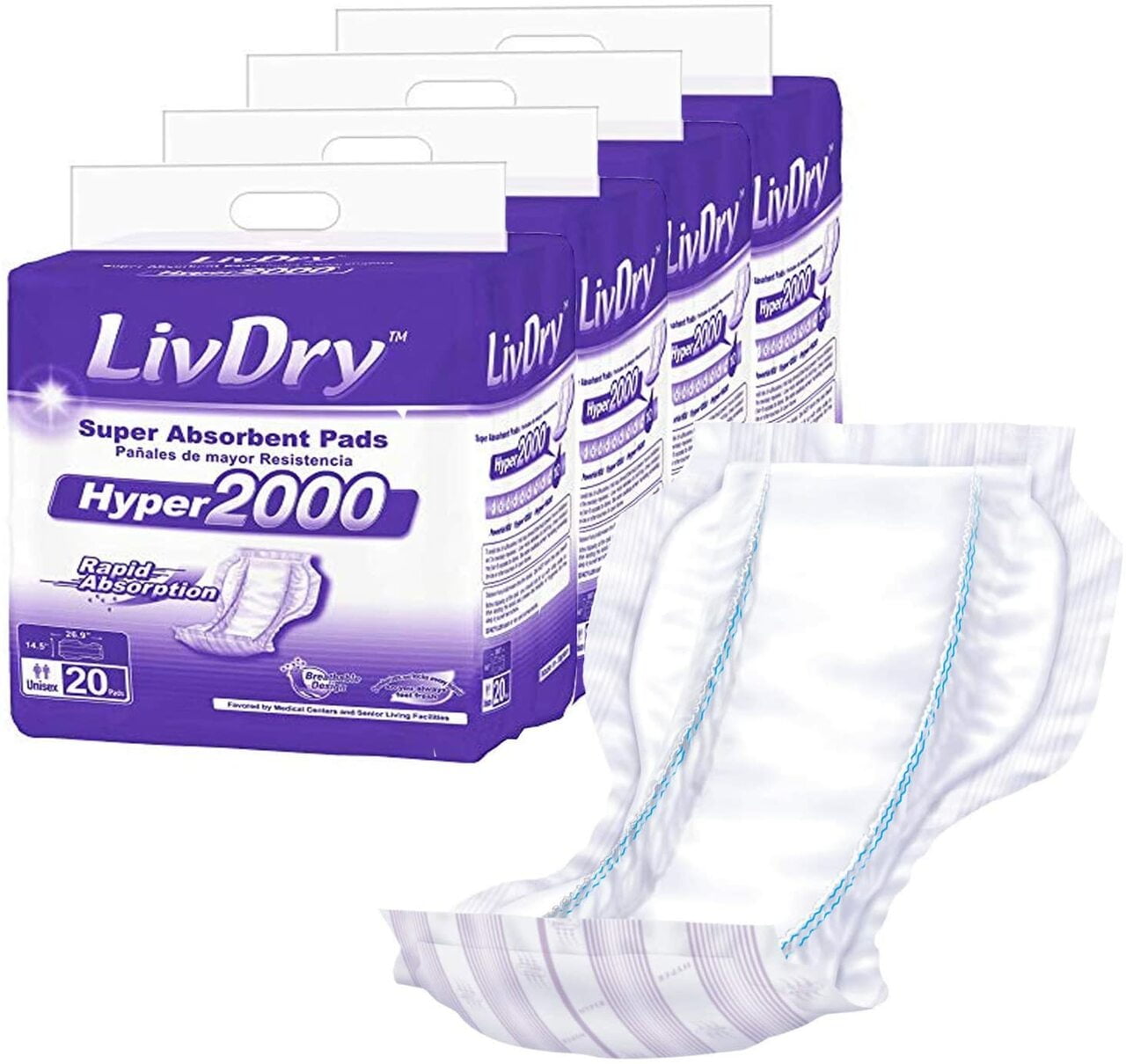 LivDry High Absorbency Pad Insert for Incontinence Briefs and Adult Diapers, Women and Men (Hyper 2000, 80-Pack)