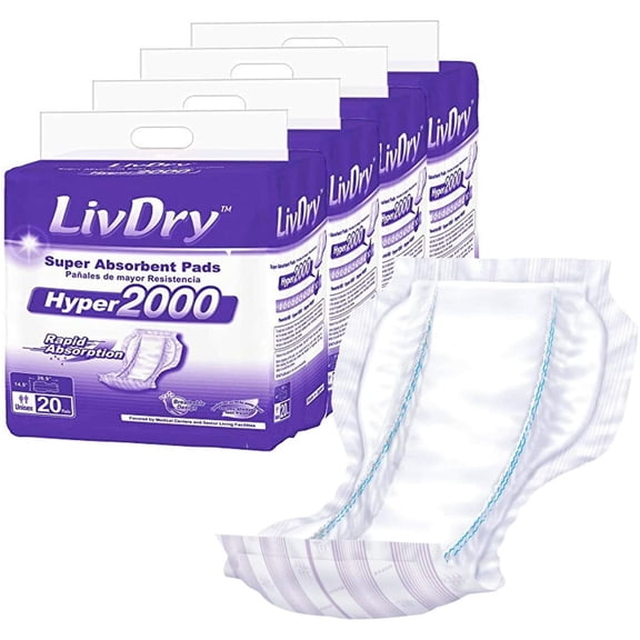 LivDry High Absorbency Pad Insert for Incontinence Briefs and Adult Diapers, Women and Men (Hyper 2000, 80-Pack)