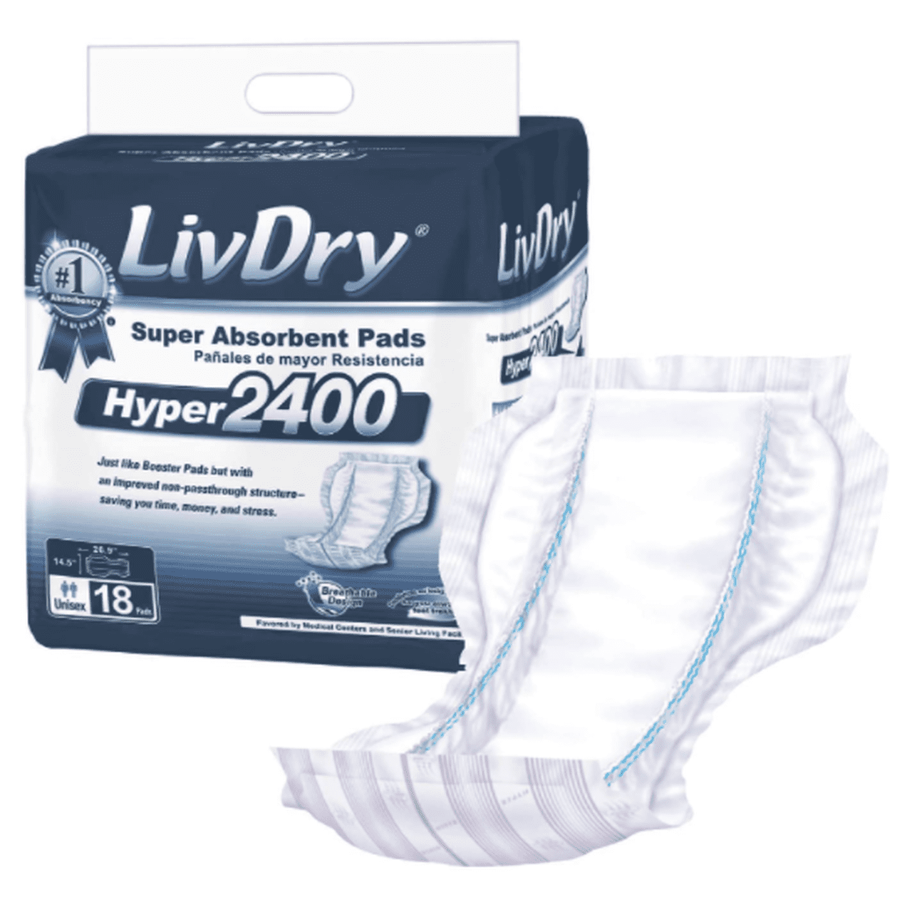 LivDry High Absorbency Pad Insert for Incontinence Briefs and Adult Diapers, Women and Men (Hyper 2400, 18-Pack)