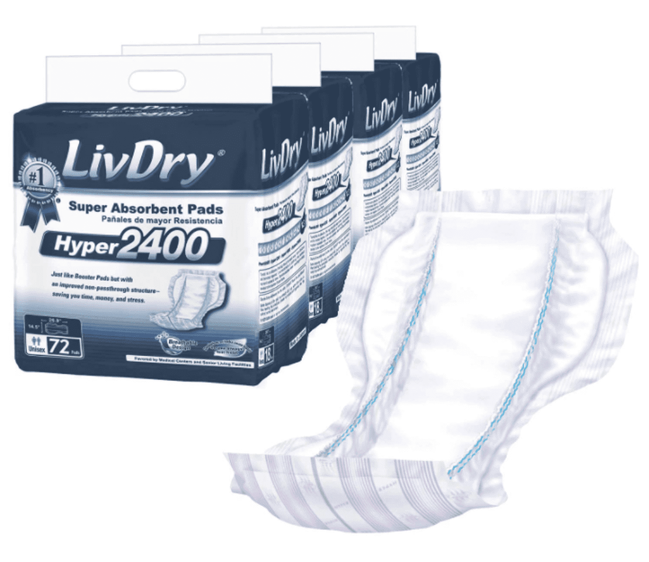LivDry High Absorbency Pad Insert for Incontinence Briefs and Adult Diapers, Women and Men (Hyper 2400, 72-Pack)