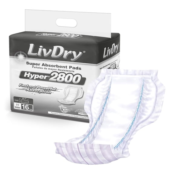 LivDry High Absorbency Pad Insert for Incontinence Briefs and Adult Diapers, Women and Men (Hyper 2800, 16-Pack)
