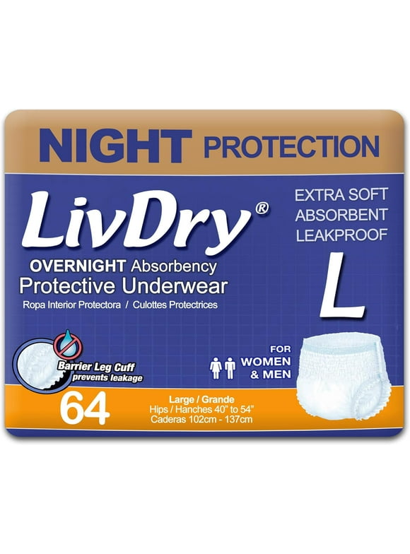 LivDry Overnight Adult Diapers for Women and Men, Incontinence Underwear (Large, 64-Pack)