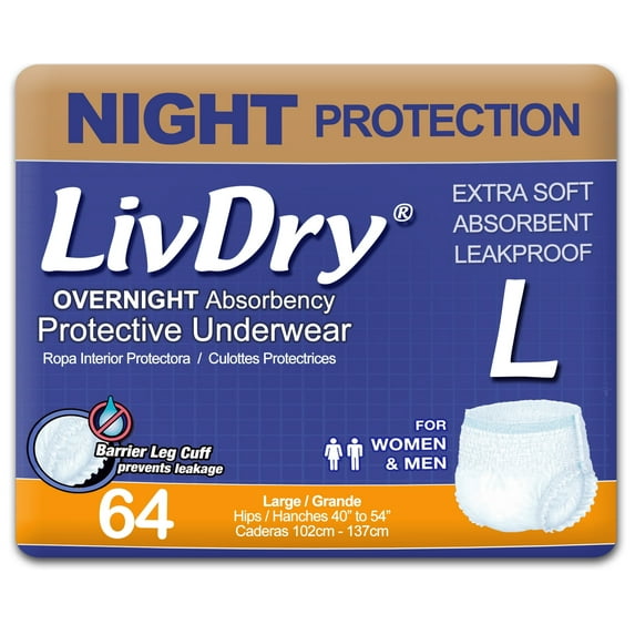 LivDry Overnight Adult Diapers for Women and Men, Max Protection Incontinence Underwear (Large, 64-Pack)