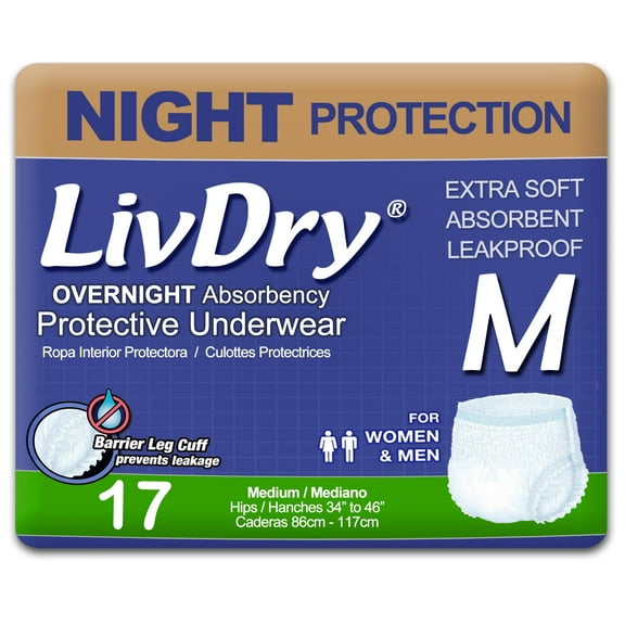 LivDry Overnight Adult Diapers for Women and Men, Max Protection Incontinence Underwear (Medium, 17-Pack)