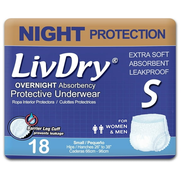 LivDry Overnight Adult Diapers for Women and Men, Max Protection Incontinence Underwear (Small, 18-Pack)