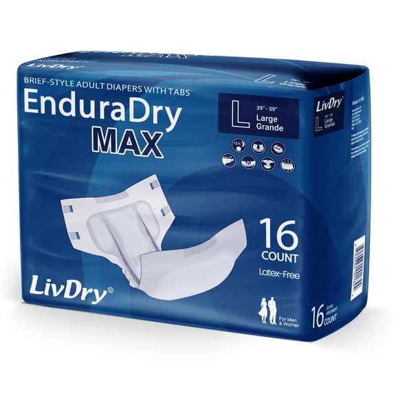 LivDry Super Absorbent Unisex Incontinence EnduraDry Max with Tabs and Leak Protection (L, 16-Pack)