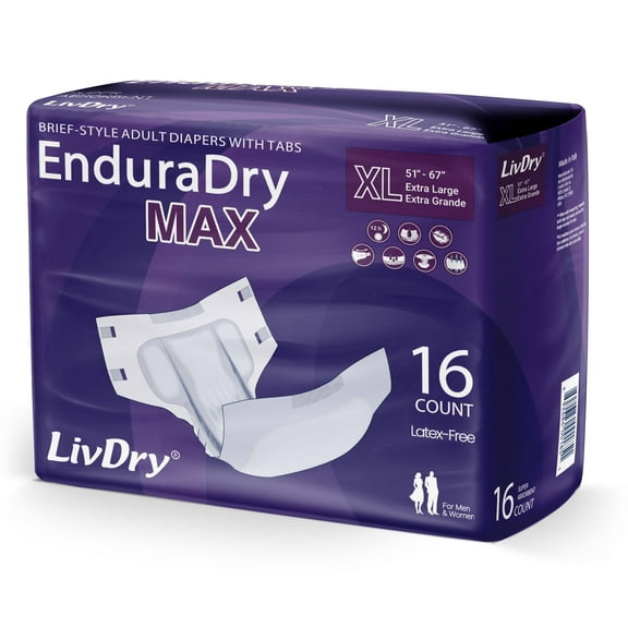 LivDry Super Absorbent Unisex Incontinence EnduraDry Max with Tabs and Leak Protection (XL, 16-Pack)
