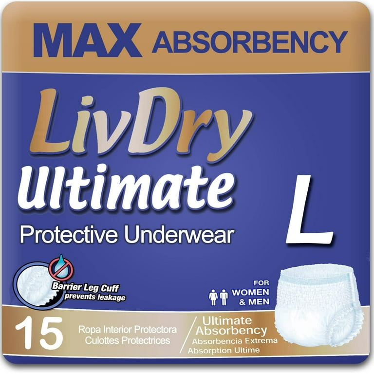 LivDry Ultimate Adult Diapers for Women and Men, Max Absorbency Incontinence  Underwear (Large, 15-Pack) 