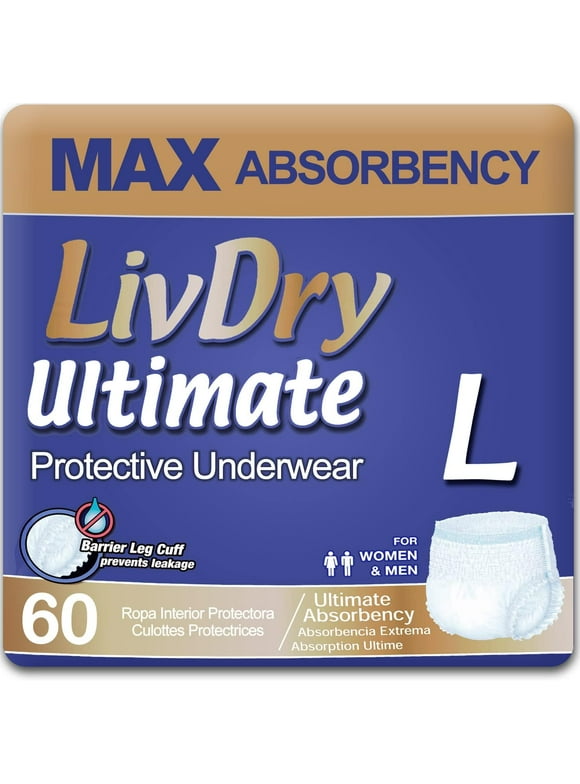 LivDry Ultimate Adult Diapers for Women and Men, Max Absorbency Incontinence Underwear (Large, 60-Pack)
