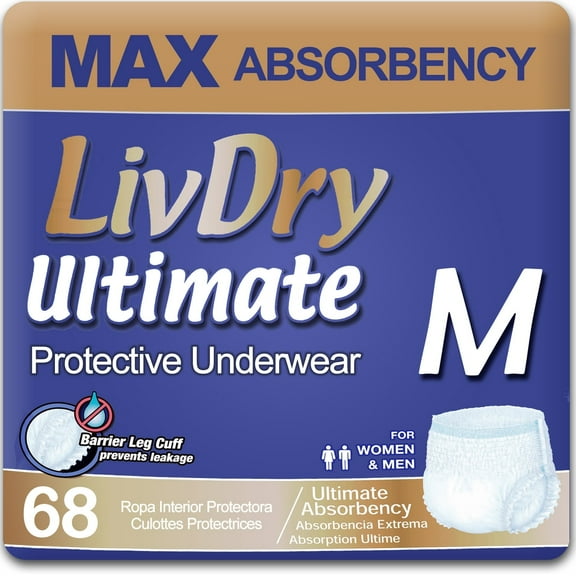 LivDry Ultimate Adult Diapers for Women and Men, Max Absorbency Incontinence Underwear (Medium, 68-Pack)