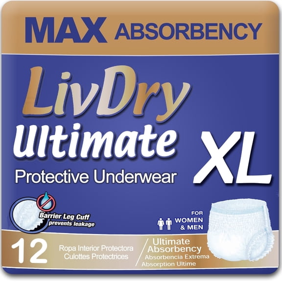 LivDry Ultimate Adult Diapers for Women and Men, Max Absorbency Incontinence Underwear (X-Large, 12-Pack)