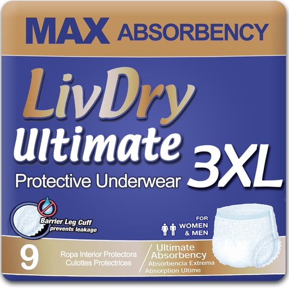 LivDry Ultimate Adult Diapers for Women and Men, Max Absorbency Incontinence Underwear (XXX-Large, 9-Pack)