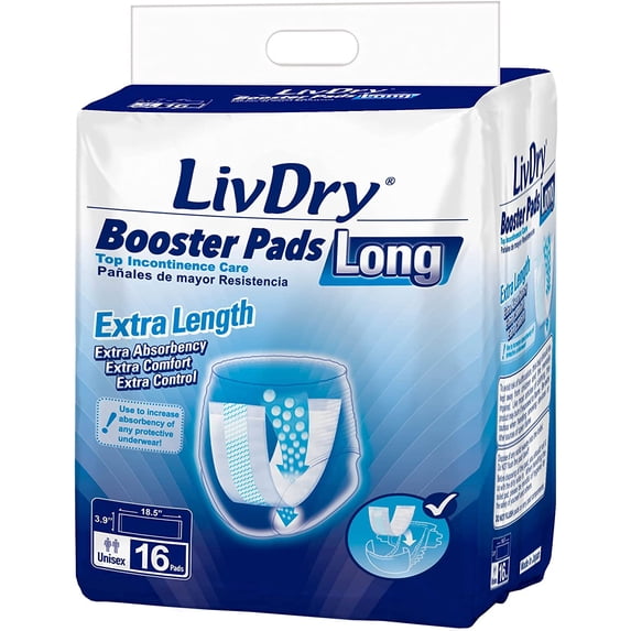 LivDry Unisex Incontinence Booster Pads | Extra Absorbent | Disposable Passthrough Pad | Long Length (16-Pack)
