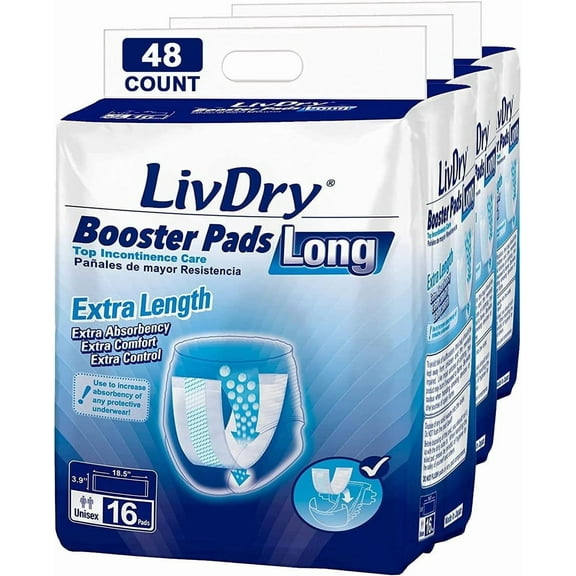 LivDry Unisex Incontinence Booster Pads | Extra Absorbent | Disposable Passthrough Pad | Long Length (48-Pack)