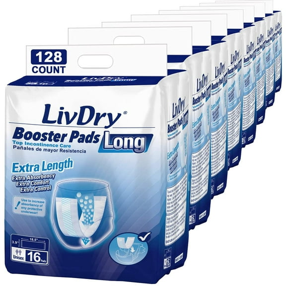 LivDry Unisex Incontinence Booster Pads | Extra Absorbent Passthrough Pad | Long Length (128-Pack)