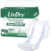 LivDry High Absorbency Pad Insert for Incontinence Briefs and Adult Diapers, Women and Men Hyper 1600, 30-Pack