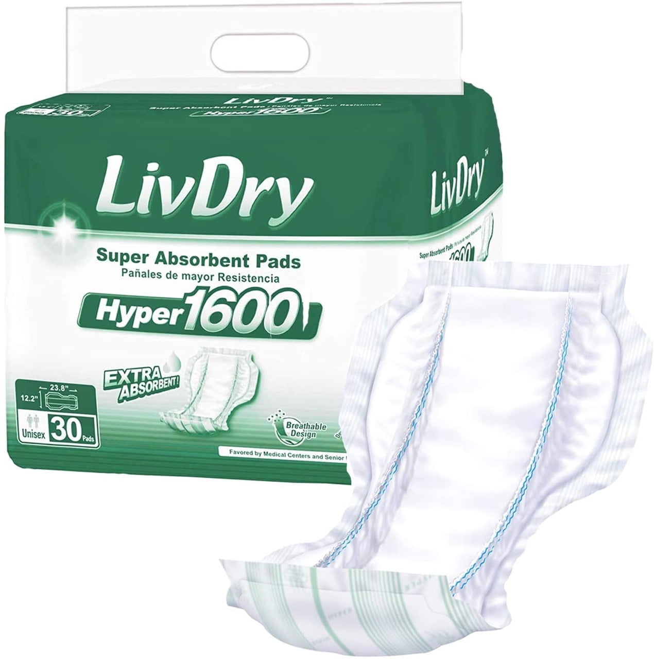LivDry High Absorbency Pad Insert for Incontinence Briefs and Adult Diapers, Women and Men (Hyper 1600, 30-Pack)