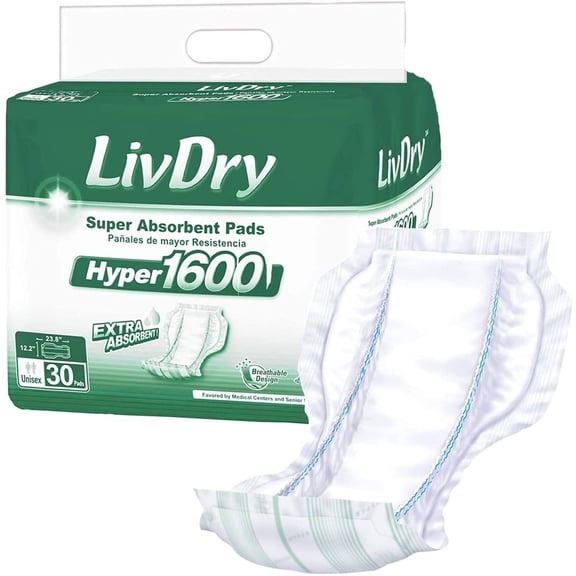 LivDry High Absorbency Pad Insert for Incontinence Briefs and Adult Diapers, Women and Men (Hyper 1600, 30-Pack)