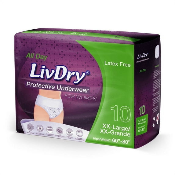 LivDry Womens Adult Incontinence Underwear, Purple Flowers, Super Comfort Absorbency (2XL, 10-Pack)